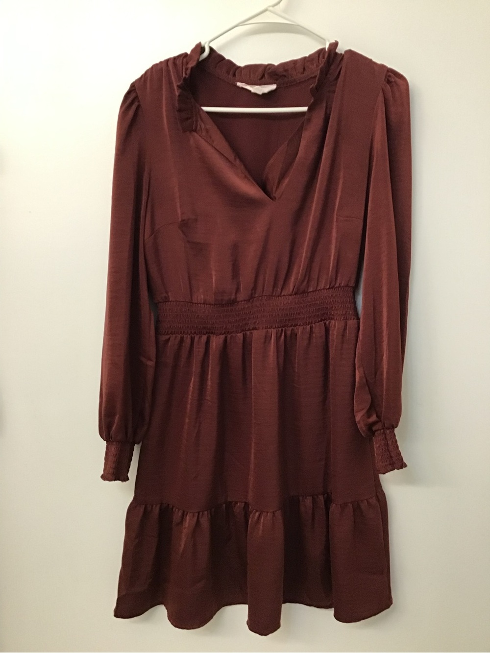 Lucky Brand Long-Sleeve Ruffle Neck Tiered Dress - Rust Brown